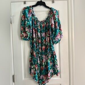 Kori America off shoulder, teal floral crinkle romper.  Size Large.
